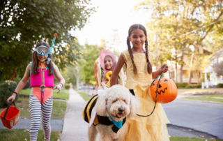 Children walking their dog concept image for dog trick or treating. &#;