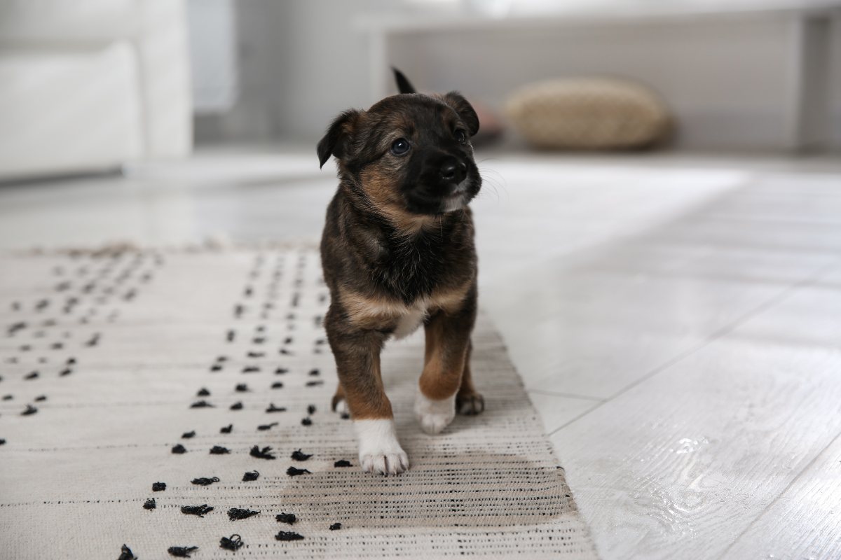 A small brown and black puppy with white paws stands on a patterned rug in a bright, modern room—an ideal spot to start learning how to potty train a puppy.