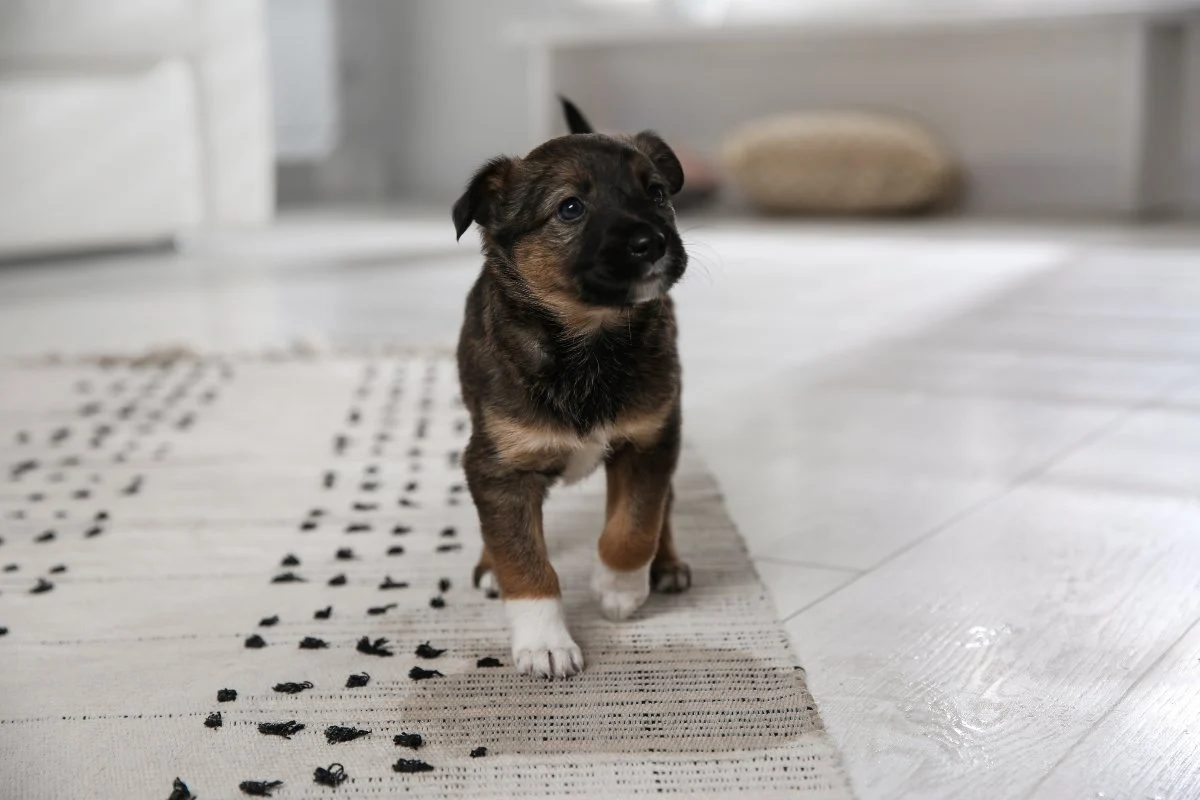 A small brown and black puppy with white paws stands on a patterned rug in a bright, modern room—an ideal spot to start learning how to potty train a puppy.