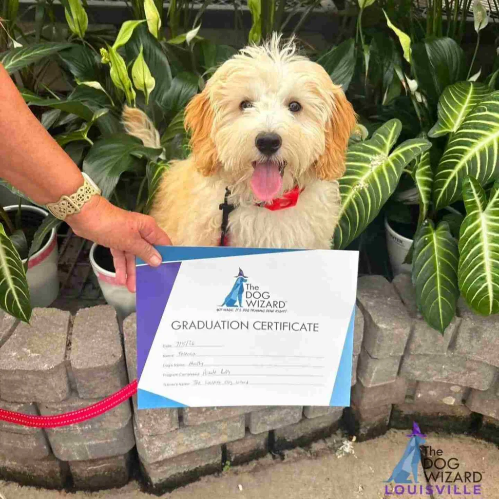 Murphy the puppy holding a Dog Wizard graduation certificate after completing private puppy training